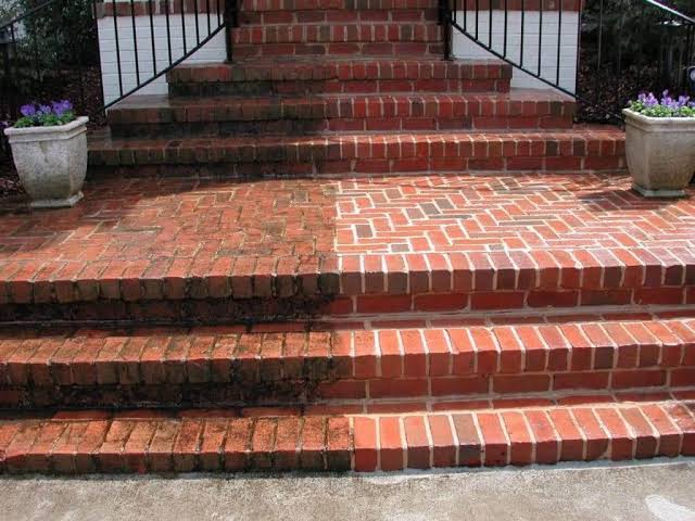 Brick paving before and after pressure washing by Squeegee Squad