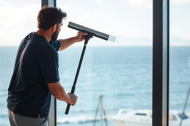 Expert window cleaning with ocean view